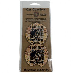 Car Coasters Cat Life I Am Not Sure Who Rescued Who Set of 2 Neoprene Absorbent